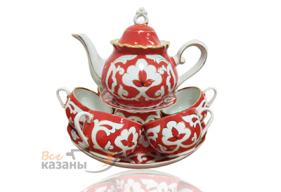 картинка Чайный сервиз красный с золотом "Пахта" средний с чашками от магазина Vsekazany.com