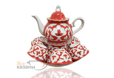 картинка Чайный сервиз красный с золотом "Пахта" средний с пиалами от магазина Vsekazany.com