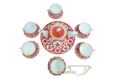 картинка Чайный сервиз красный с золотом "Пахта" большой с чашками от магазина Vsekazany.com
