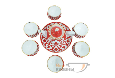 картинка Чайный сервиз красный с золотом "Пахта" большой с пиалами от магазина Vsekazany.com