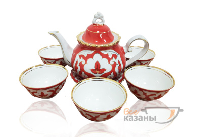 картинка Чайный сервиз красный с золотом "Пахта" малый с пиалами от магазина Vsekazany.com